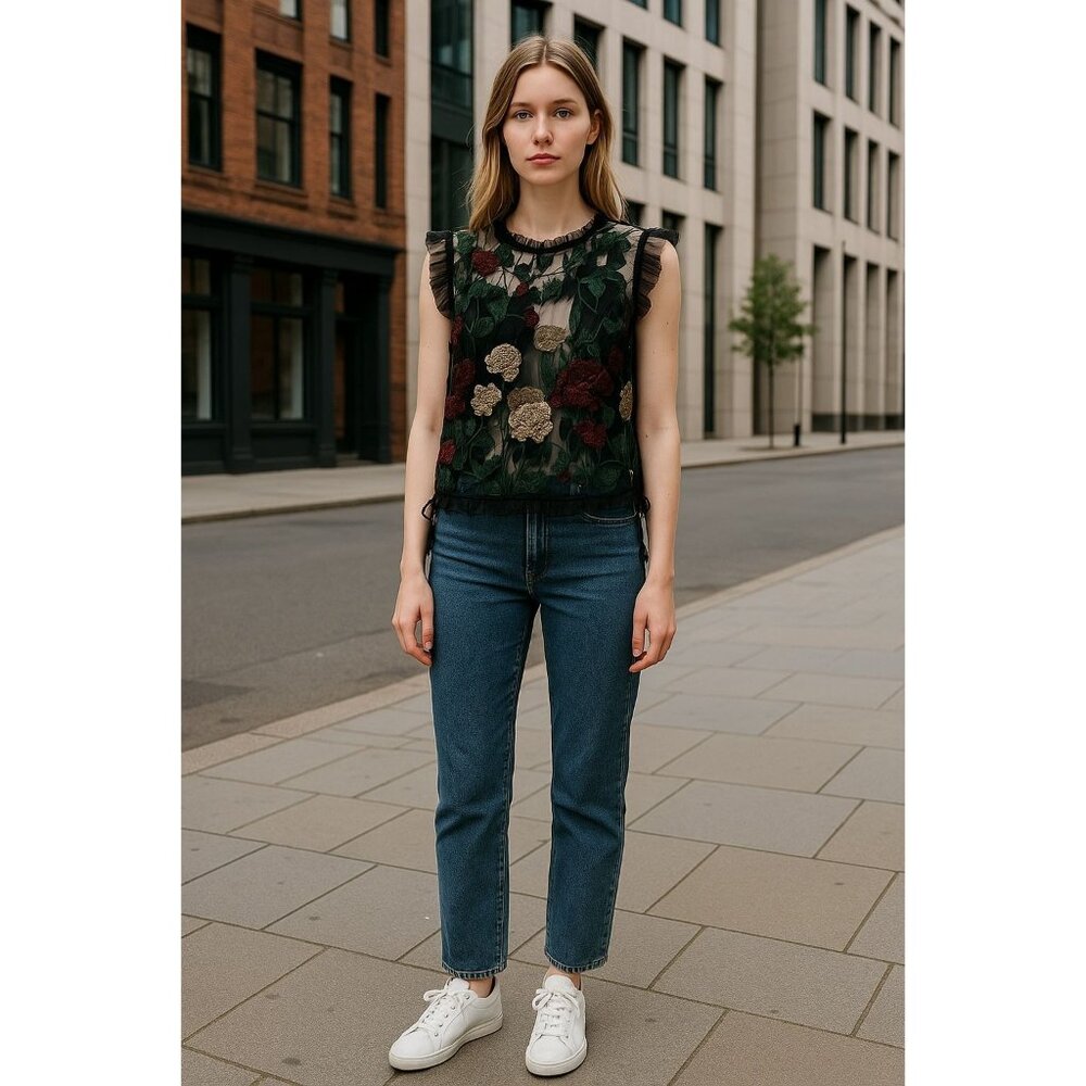 GRACIA Women Black Floral Sleeveless Blouse SMALL